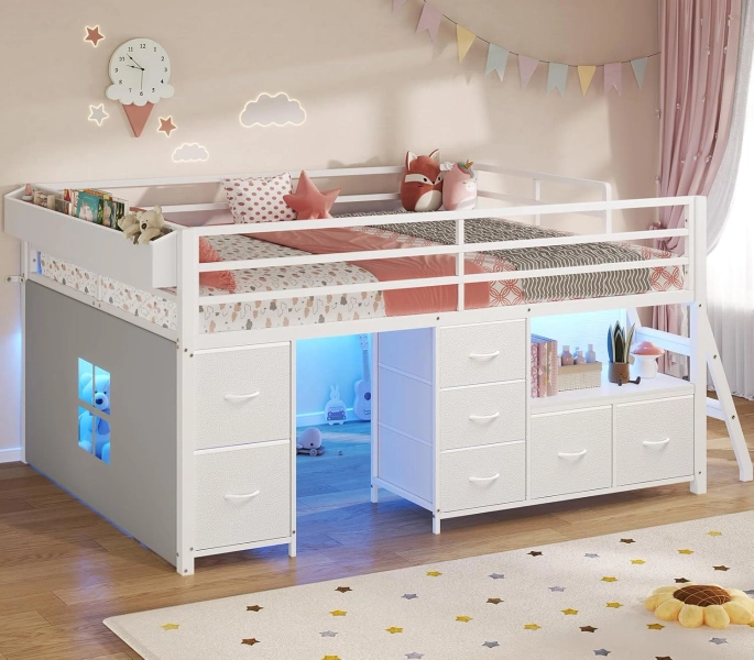 Isabelle & Max™ Low Loft Bed With 7 Storage Drawers, Bookcase And Led Lights, 14" H Safety Guardrail,inclined Ladder And Play Curtain & Reviews | Wayfair