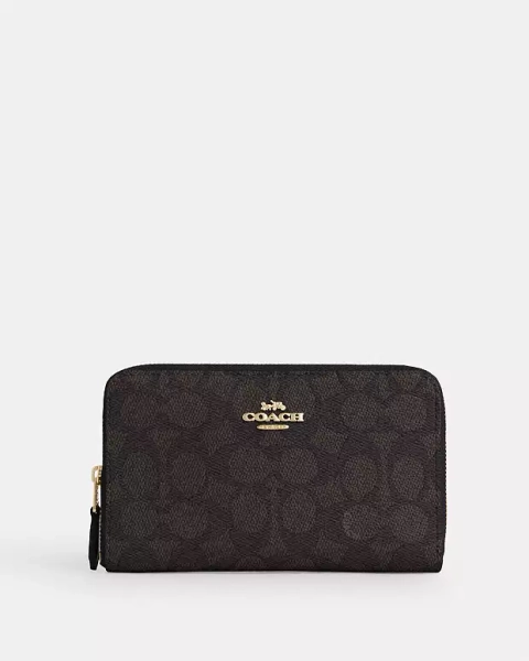 Gold/Walnut/Black Medium Id Zip Wallet In Signature Canvas