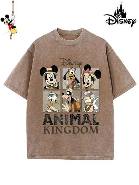 1 New Disney Cotton Washed T-Shirt, Disney ANIMAL KINGDOM Animal Character Jigsaw Print, Round Neck Leisure And Comfortable Cotton Washed T-Shirt, Suitable For Sports And Daily Wear, A Good Choice For Gifts, A Must For Parties, High-Quality Clothing, Suitable For Gifts. - Size L