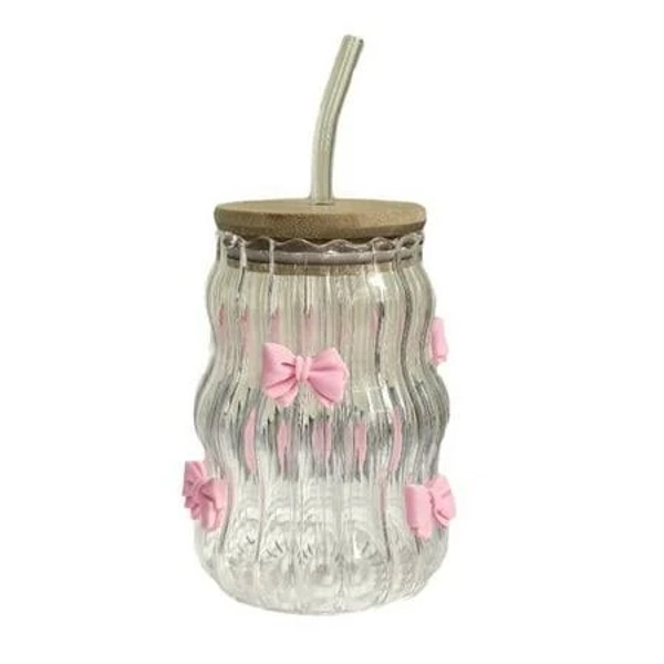 3d Pink Bow Glass Cup with Bamboo Lid and Straw