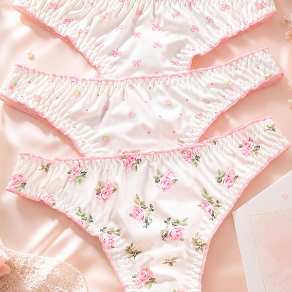3pcs Japanese Style Women' Low-Rise Thong Underwear - Non- G-String Suitable for Daily Wear, Strawberry Polka Dot & Bow Print Panties with Bell, Pink Bow Bowknot -String (Hand Washable)