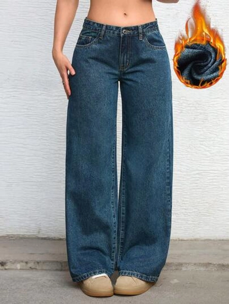 SHEIN ICON Women's Solid Color Casual Warm Denim Jeans