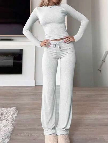 Women's Two Pieces Fall Women Clothes Y2K Sporty Casual Home Solid Color Fitted Long-Sleeved T-Shirt And Long Pants Set