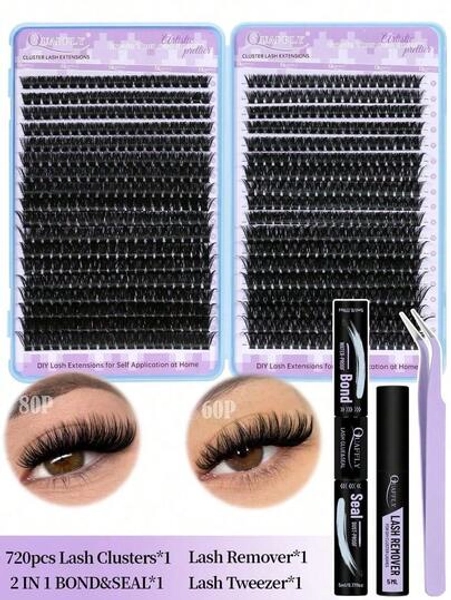 720pcs D-Curl Lash Clusters , Lash Clusters Kit,Natural Lash Kit With Lash Bond And Seal,Remover,Applicator,Cluster Eyelash Kit,Eyelash Clusters,60D+80D,9-17MM-0.07D,DIY At Home
