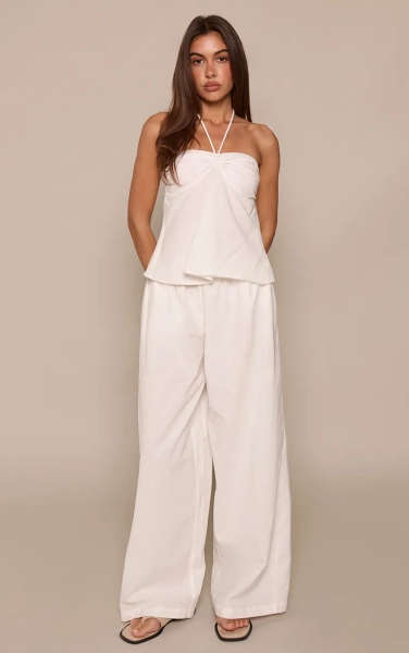 White Linen Shirred Waist Trousers Co-ord