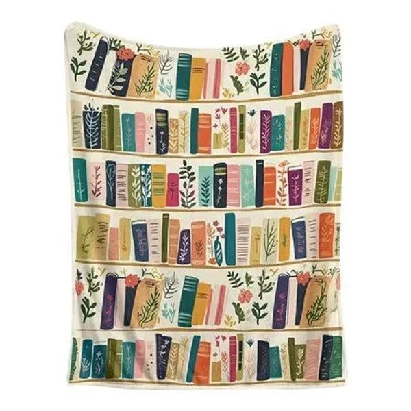 Vintage Bookshelf Library Flannel Throw Blanket, Super Soft Warm Lightweight, Ideal For Home Decor Reading Room, White