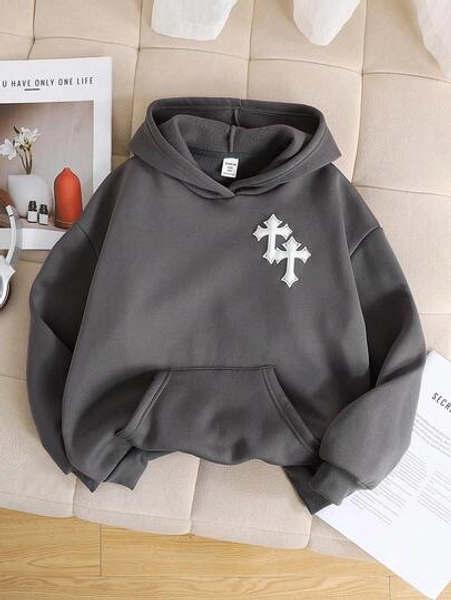 SHEIN Tween Girls' Oversized Sweatshirt, Cross Print, Casual Everyday School Wear, Comfortable Thick Thermal Lining, Autumn/Winter Sweatshirts Y2k Tweens Dark Grey Sweatshirt Girls Y2k Sweatshirt Cross Sweatshirt