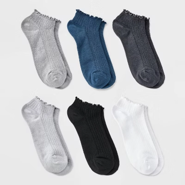 Women's Pointelle Lettuce Edge 6pk Low Cut Socks - A New Day™ White/Gray/Black 4-10: Recycled Polyester, Ruffle Trim, Tagless
