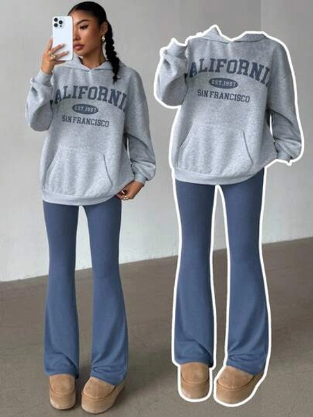 SHEIN Glowzi Teen Girl's Two Pieces Set,Floral Gray Blue,Casual And Versatile,Loose Long-Sleeved Sweatshirt And Bell-Bottom Pants,Back To School,Clean Girl,Tracksuit