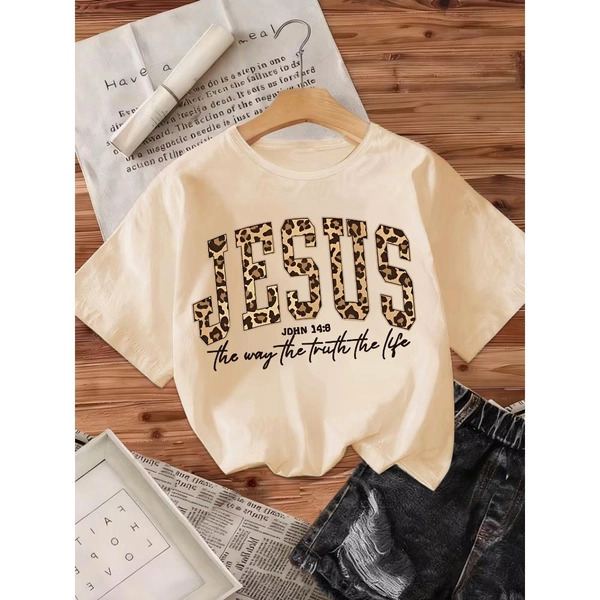 [Perfect Christian Gift] This Is a Short-Sleeved Round-Neck T-Shirt with Leopard Print Logo, in American Y2K Style, Featuring Retro Religious Print. It's a Stylish And Well-Made Summer Casual Top, a Perfect Christian Gift for Her