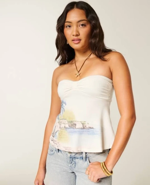 Hollister Women's Strapless Beach Graphic Babydoll Top