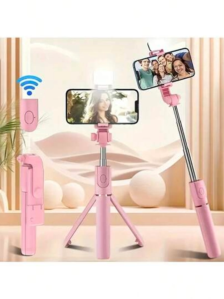 40 Inch Scalable Phone Selfie Stick With Built-In Fill Light Telescopic Phone Selfie Stick With Built-In Light, Professional Live Streaming Tripod, Wireless Remote 360° Rotating Smartphone Tripod For Hiking/Travel/Vlog/Outdoor Compatible With Iphone Android Phone For Summer Vacation, Travel, Fill Light, Outdoor Activities, Live Streaming (PInk)