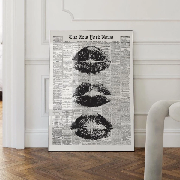 Trendy Wall Art Newspaper Art Prints Black And White Poster Aesthetic Room Decor Vintage Retro Poster Girly Wall Art Kiss Lips Wall Art Dorm