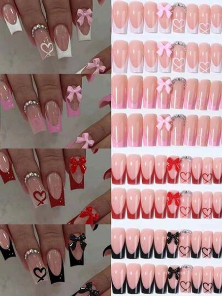 24Pcs/Set Press On Nails Long Coffin White French Acrylic Nails Tips Pink Bow Tie & Heart-Shaped Pattern With Rhinestones Design Nail,Contain 1 Pc Glue And 1 Pc Nail File,Suitable Women And Girls, Daily Life And Party Use Nail Supplies(Random Delivery)