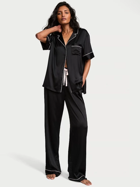 Signature Satin Short-Sleeve Long Pajama Set