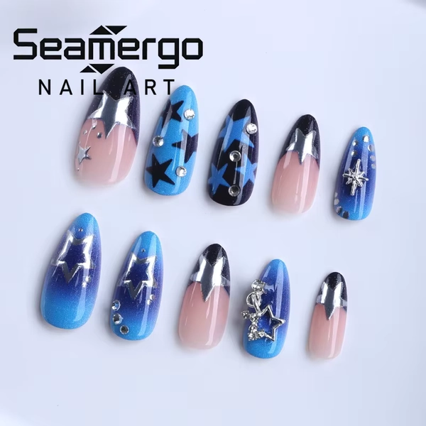 24PCS Blue Gradient Blush French Fake Nails with 3D Silver Star Rhinestone Almond Press on Nails Full Cover Sweet Cool Nail Tips - AliExpress 