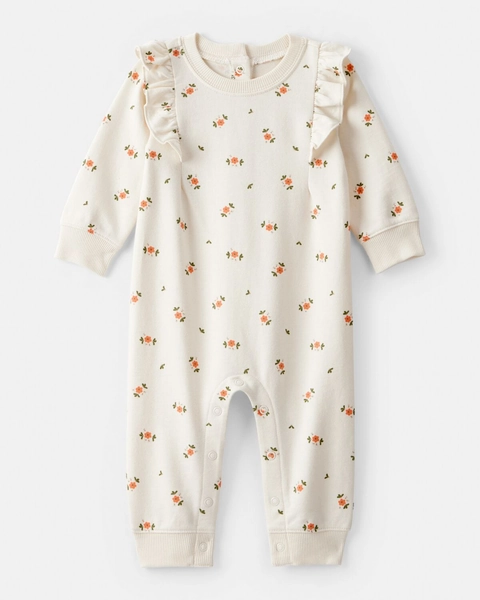 Baby Girl Floral Ruffle Cotton Long-Sleeve Jumpsuit - Cream