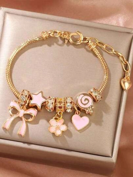 Ladies Luxury Joaquin Alloy Bracelet, Design Sense Pink Bracelet Jewelry, Flowers, Bows, Love, Spring And Summer Gifts