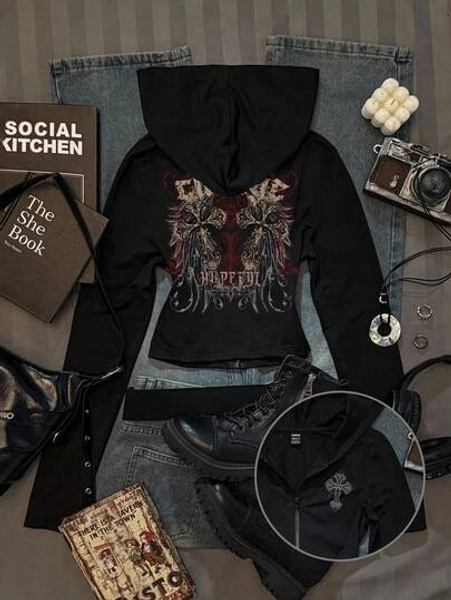 Attitoon Women's Solid Color Slim Fit Hoodie With Cross Wing Pattern, Vintage Inspired Autumn Floral Cross PrintIn Fall/Winter