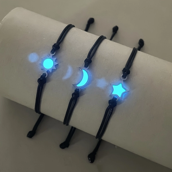 Set of 3 Glow-In-The-Dark Bracelets Featuring The Sun, Moon, And Stars, Handcrafted And Stylish.