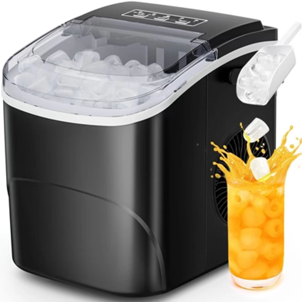Ice Makers Countertop with Handle,26.5Lbs/24H,9 Cubes in 6 Mins,2 Sizes of Bullet Ice,Portable Ice Maker Machine with Self-Cleaning,black