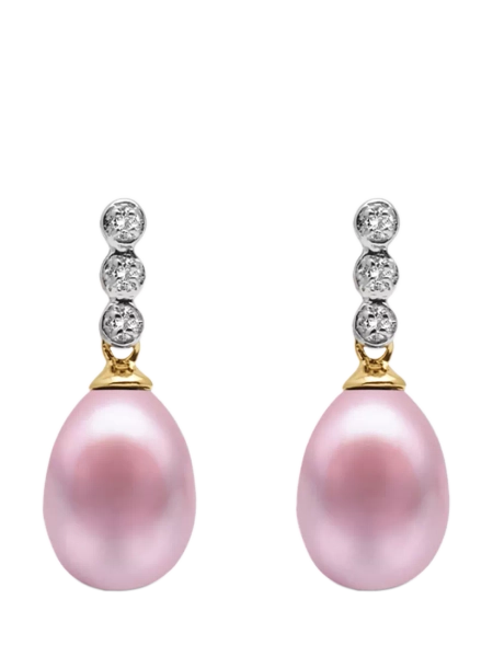 E.W Adams 9ct Gold Freshwater Pearl Three Diamond Drop Earrings