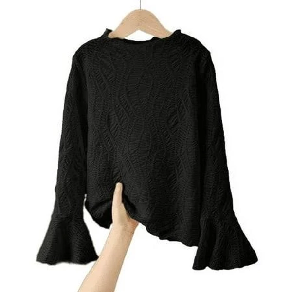 Mikrdoo Girls' Mock Neck Flare Sleeve Textured Fabric Sweater