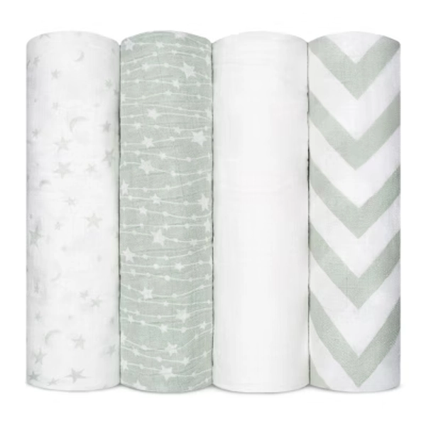 Comfy Cubs Muslin Swaddle Blankets Pack of 4, Large 47" x 47", Soft Cotton Multipurpose Wraps - Green