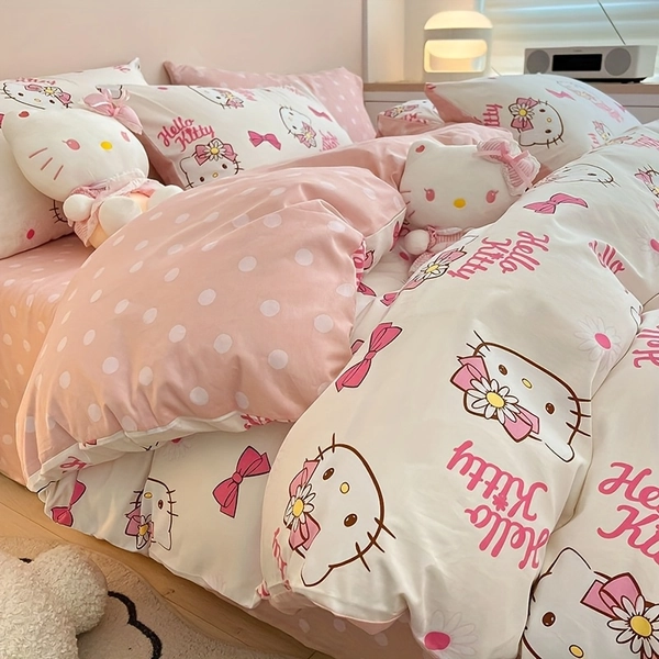 For Hello Kitty Pink Four-Piece Bedding Set - Includes Quilt Cover, Bed Sheet, and Pillowcase, Soft Polyester, Tear-Resistant, Embroidery Details, Machine Washable, All-Season Comfort, Ideal for Gifting, Featuring a Cute Character in a Playful Pink Attire, Cozy Bedding | Cartoon Embroidery | Durable Fabric, Bedding Accessories
