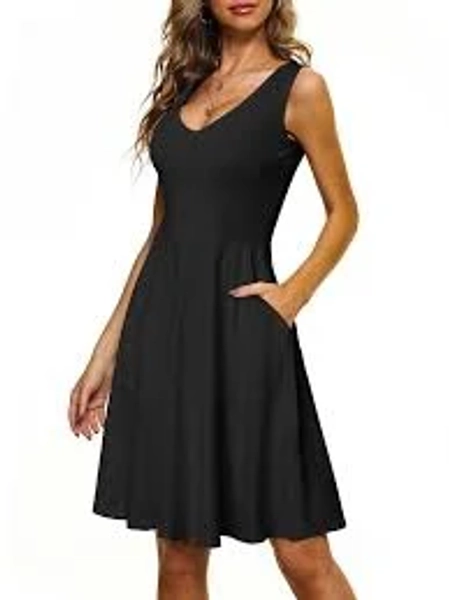 HUHOT Womens Sleeveless V Neck Dress with Pocket Summer Beach Midi Flared Tank Dress