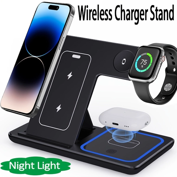 [Wireless Devices Holder Dock] 3-in-1 Foldable Wireless Charger Stand | Fast Charging Station for iPhone 16 15 14 13 12 11 X XR XS Pro Max Plus Mini | Apple Watch iWatch 10 9 8 7 6 5 SE Ultra | AirPods 4 3 | Mobile Phone Holder Dock for Office Bedroom TV