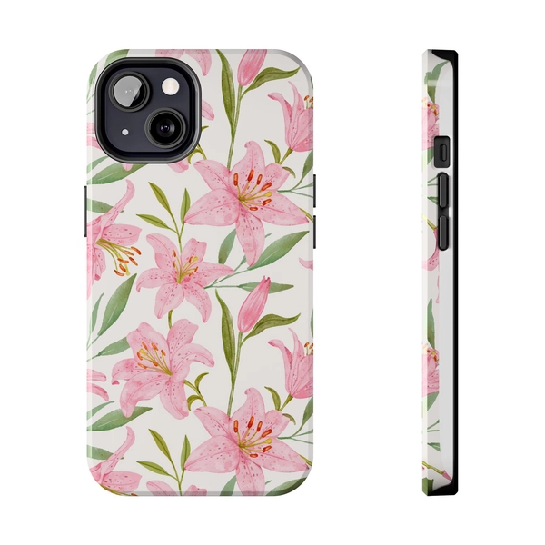 Pink Lily Floral Phone Case Elegant Watercolor Flower Aesthetic iPhone Cover Feminine Gift for Her Protective Case