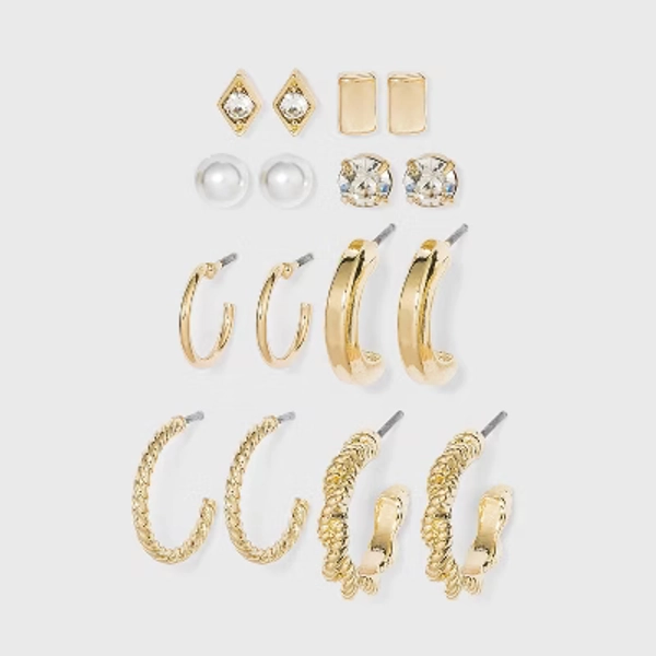 Multi Gold Hoops and Cubic Zirconia Stud Earring Set 8pc - A New Day™: Nickel-Free Metal, Pearl Stone