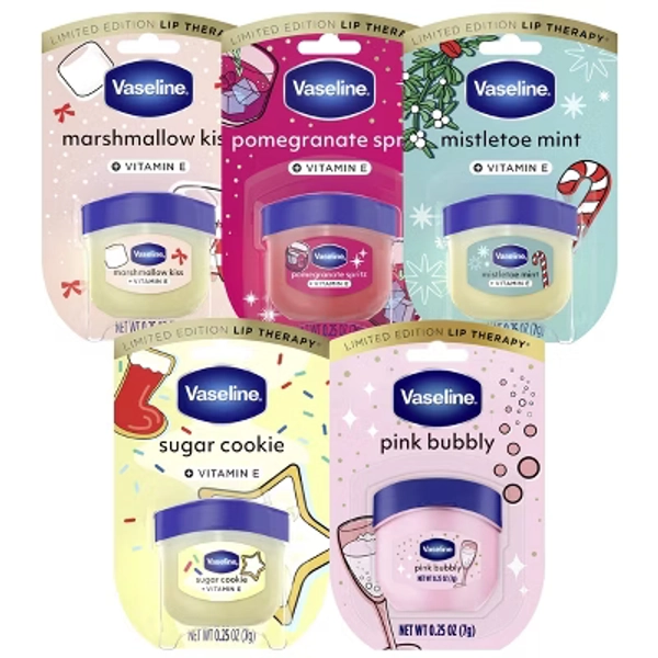 Vaseline Holiday Limited Edition Lip Balm 0.25oz Pomegranate Spritz + Sugar Cookie + Marshmallow Kiss + Mistletoe Mint + Pink Bubbly Cutie