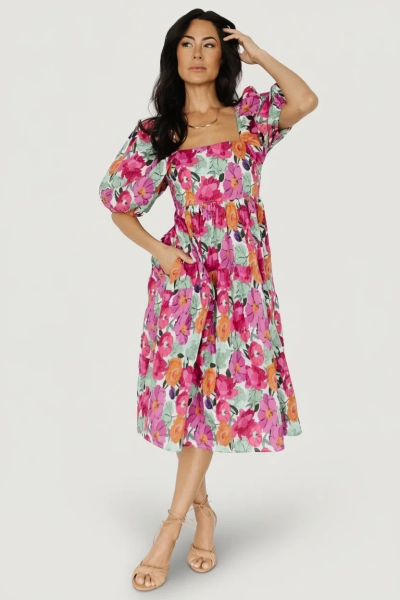 Aimee Puff Sleeve Midi Dress, Pink Multi | Baltic Born