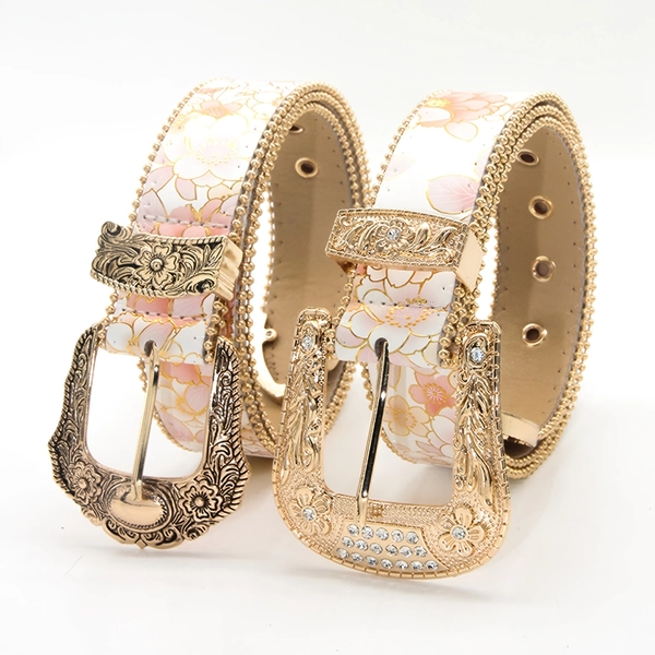 [Exquisite Carved Belt] 1pc Men Women Exquisite Carved Bead Golden-Plated Champagne Floral Western Style Belt Suitable for Cowgirl Dress Matching