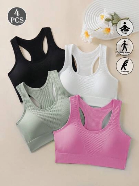 4 PCS  Casual Sports Bras For Women, Criss Cross Back Design Fitness Yoga Running Crop Tops