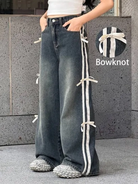 SHEIN Girls Baggy Wide Leg Jeans with Bowknot