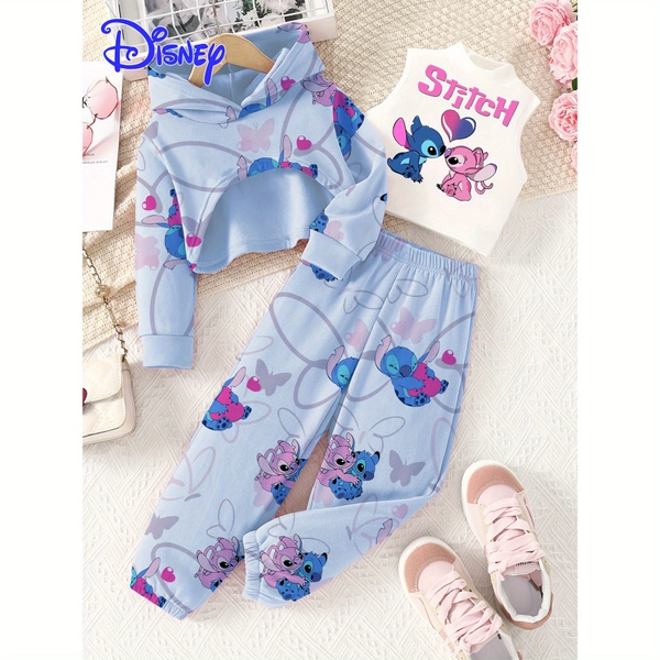 Official Disney Stitch Print Girls' Autumn and Winter Hooded Long Sleeve Top + Sleeveless Vest + Pants Set | Soft Breathable Fabric | Trendy Sporty Campus Style | The Perfect Gift for Fashionable Girls