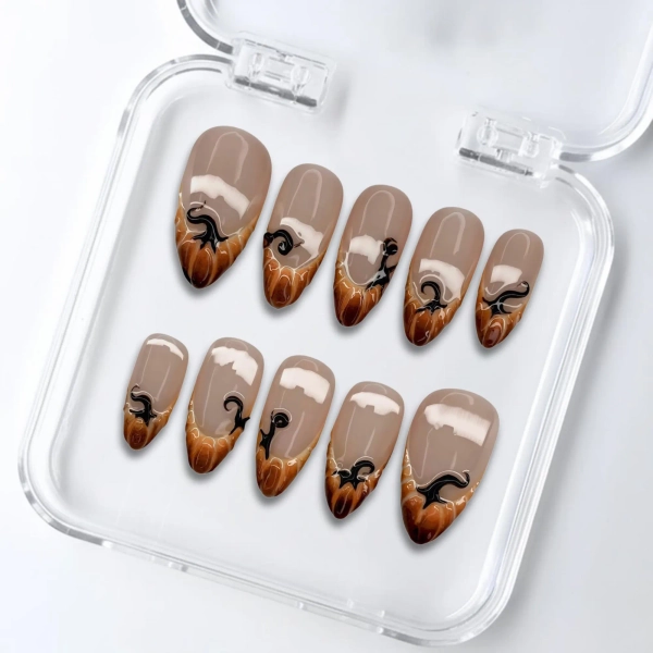 Handmade Pumpkin Press On Nails: Almond, Nude, and Orange Fall Art