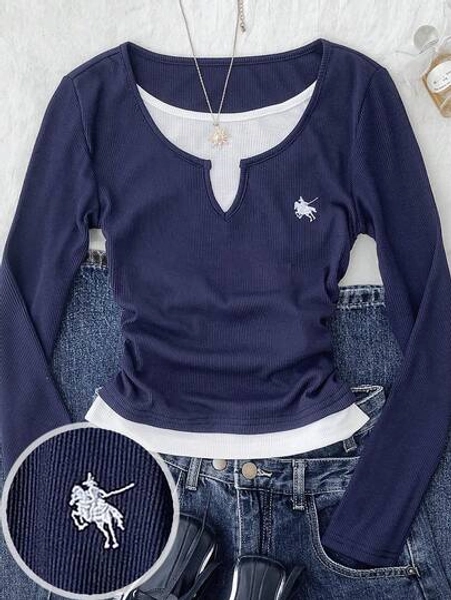 Tween Girls' Navy Blue & White Patchwork Waist Ruched Snug Fit Small Logo Graphic Long Sleeve Knit Casual T-Shirt Long Sleeve Tops For Teen Girls Navy Blue Sweater Girls Teen Girls Summer Long Sleeve Shirts Cute Preppy Tops For Girls Teen Girl Clothes School Tops