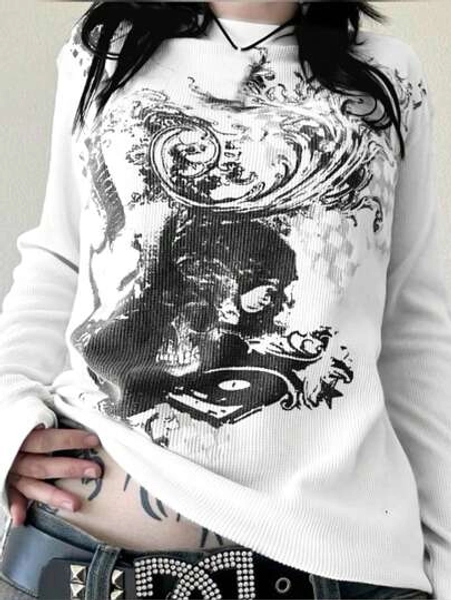 Women's Cyber Y2K Fashion Street Y2K Unique Print Round Neck Long Sleeve T-Shirt Casual White Spring - Size L