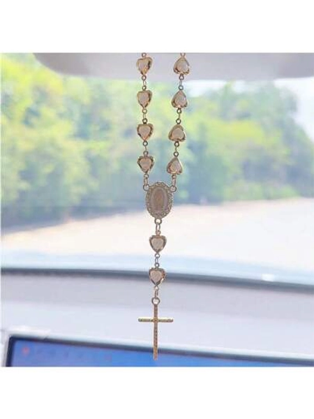 1pc Heart-Shaped Faux Pearl Cross Hanging Ornament, Metal Retro Car Mirror Pendant Decoration