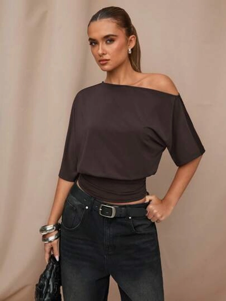 SHEIN BAE Casual Asymmetrical Shoulder Black T-Shirt, Versatile For Daily Wear, Dates, Afternoon Tea, Gatherings With Friends, Suitable Various Occasions - Size S