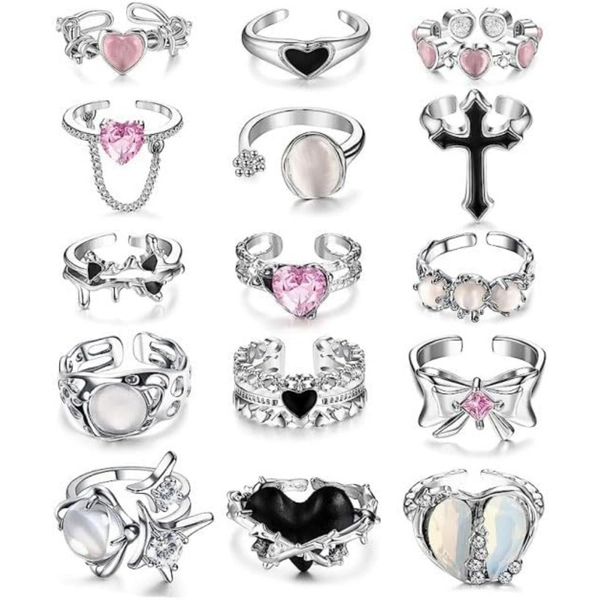 15pcs Vintage Silvery Knuckle Rings Set for Women Men Pink Artificial Crystal Heart Stackable Ring Gothic Black Cross Open Ring Y2k Punk Finger Alt of Rings Stacking Fairy Heart Midi Ring Pack Jewelry Accessories