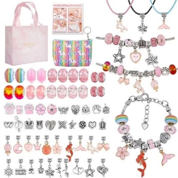 MOVSSOU Charm Bracelet Making Kit Jewelry Making Kit 66 Pcs Gifts for Ages 6 7 8 9 10 Girls