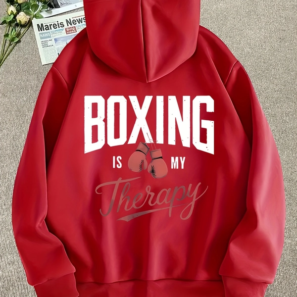 Men'S Casual Hooded Sweatshirt with "BOXING IS MY STRENGTH" Print - Regular Fit, Long Sleeve, Pullover Design, Soft Fabric, Perfect for Sports & Casual Attire, Everyday Sweatshirt | Sporty Pullover | Soft Texture, Boxing Gloves