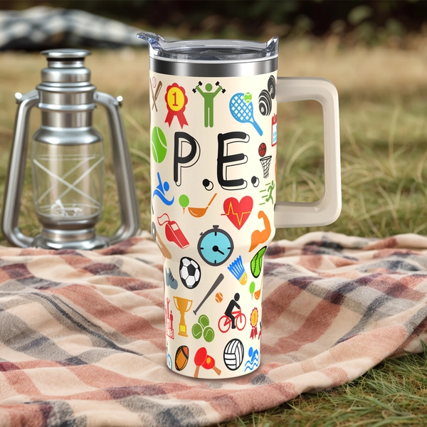 Teacher Tumbler, PE Teacher Gifts for Women from Student, Teacher Cup Coffee Mug Drinking Cup, PE Teacher Appreciation Gifts, End of Year Teacher Gifts, Thank You Teacher Gifts, Physical Education Teacher 40oz Stainless Cup with Handle