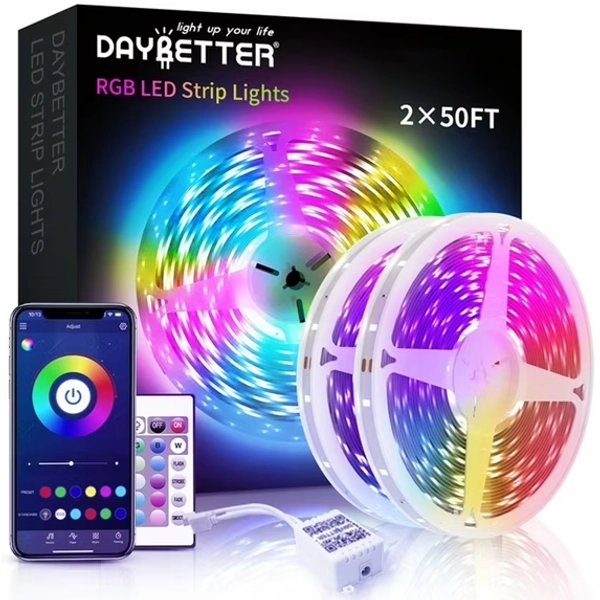 DAYBETTER Led Strip Lights,100ft Light Strips with App Control Remote,5050 RGB Led Lights for Bedroom, Music Sync Color Changing Lights for Room Party