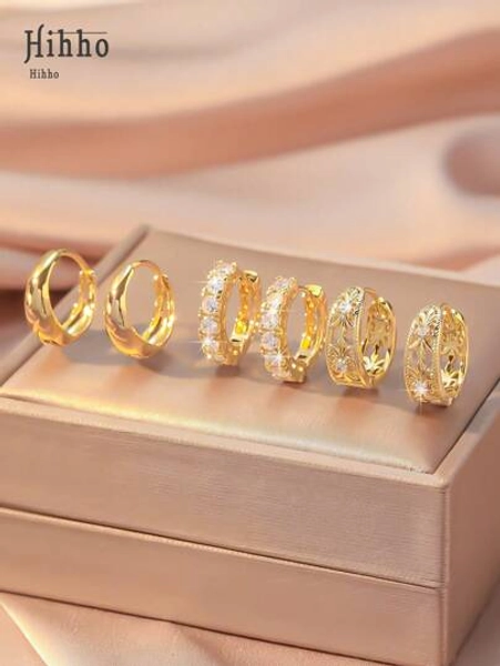 Hihho 3 Pairs Fashionable Copper Hollow Geometric Round Hoop Earrings With Vintage Floral Design And Sparkling Zirconia Stud Earrings, Decorative Women Earrings Gift For Festivals